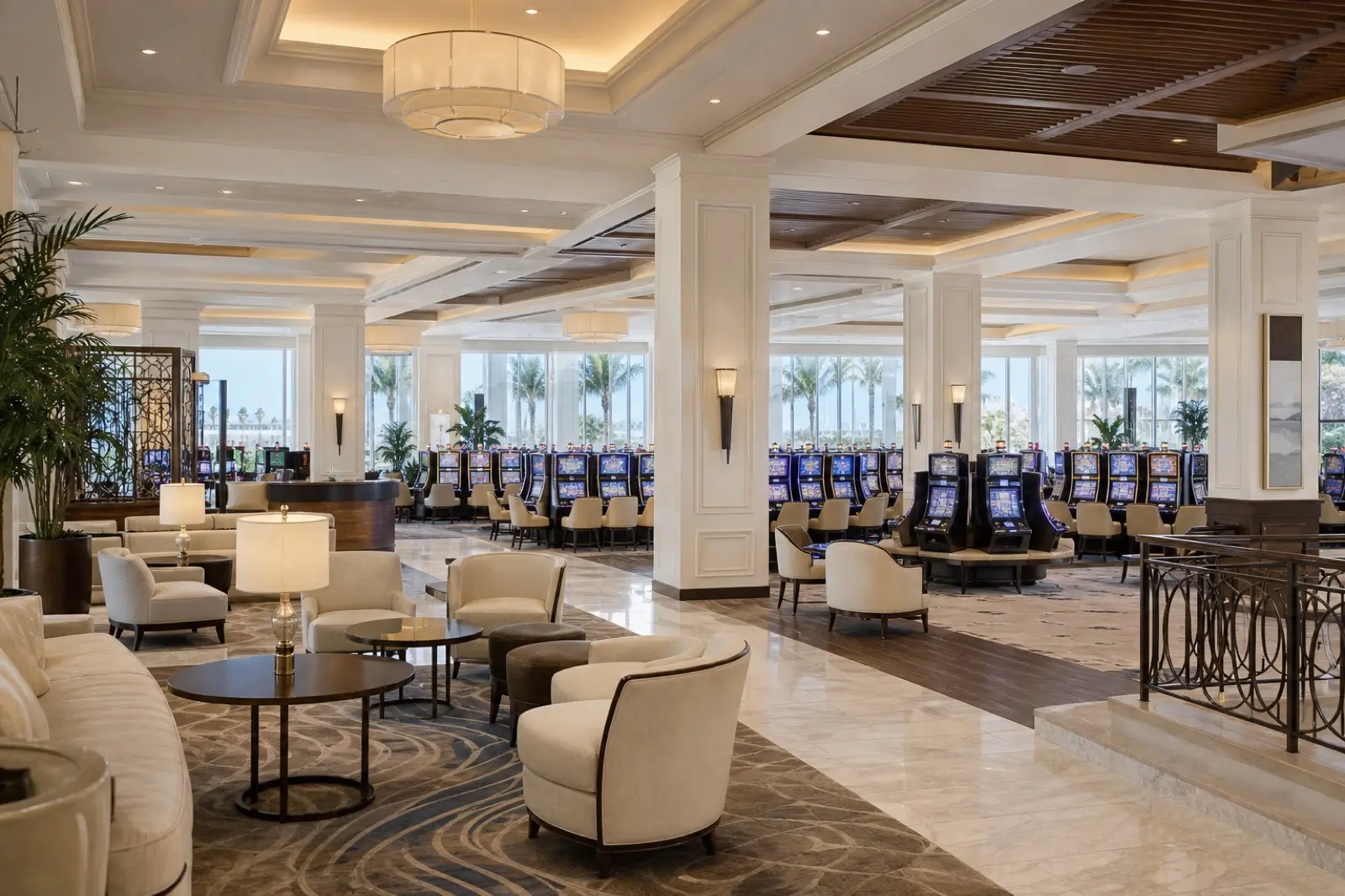 Bright electronic games hall with tall windows